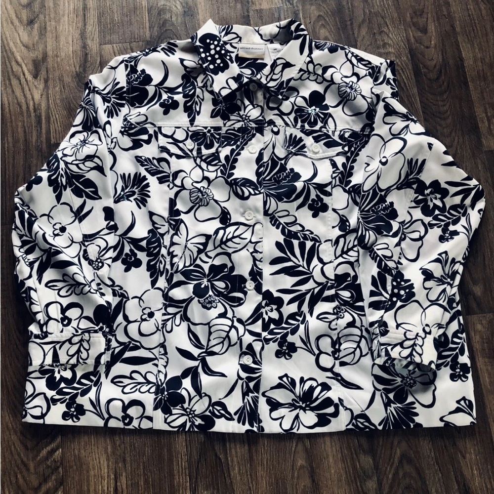 ALFRED DUNNER Sequin Jacket Womens 14 White Navy Blue Floral Shirt Shacket - Picture 2 of 9